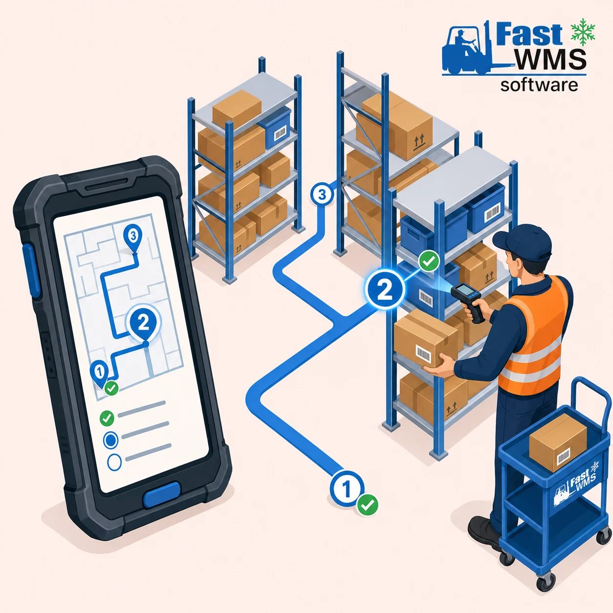 FAST WMS mobile-guided picking showing a warehouse route on a handheld device, sequential pick locations, and a picker scanning a product and storage location to confirm the pick.